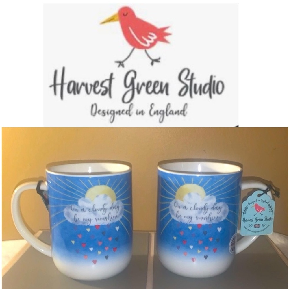 🌺 England’s HARVEST GREEN STUDIOS On A Cloudy Day Be My Sunshine Set 2 Mugs NWT